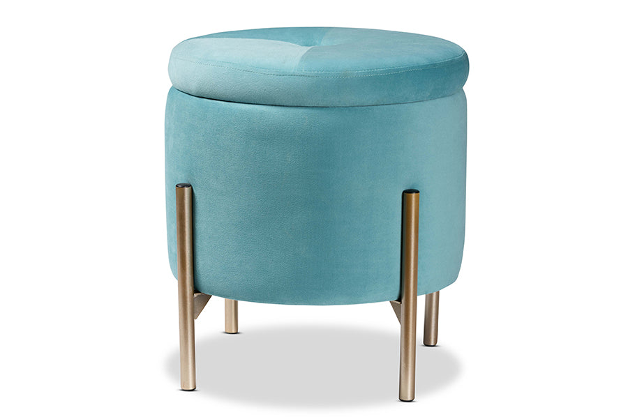 Baxton Studio Malina Contemporary Glam and Luxe Sky Blue Velvet Fabric Upholstered and Gold Finished Metal Storage Ottoman
