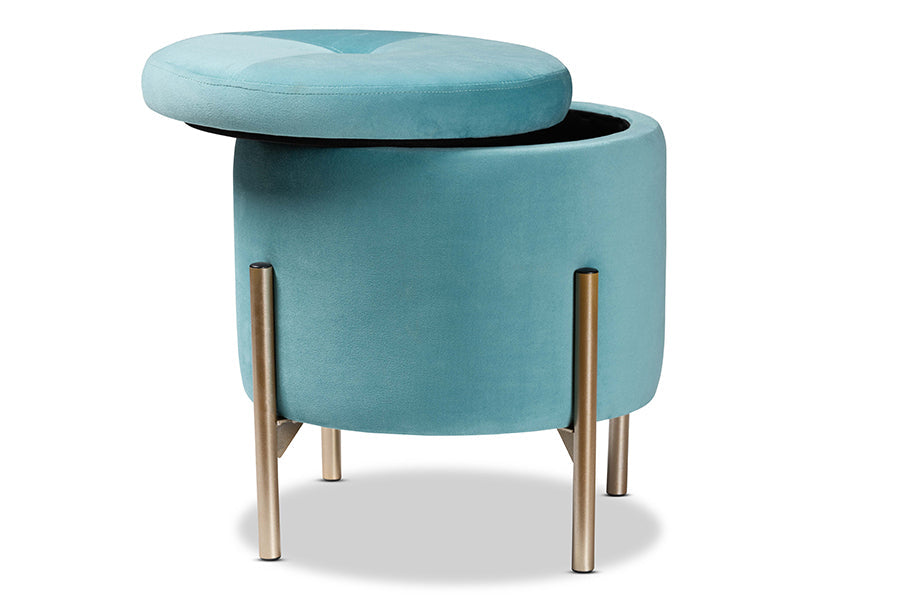 Baxton Studio Malina Contemporary Glam and Luxe Sky Blue Velvet Fabric Upholstered and Gold Finished Metal Storage Ottoman