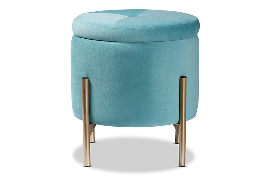 Baxton Studio Malina Contemporary Glam and Luxe Sky Blue Velvet Fabric Upholstered and Gold Finished Metal Storage Ottoman