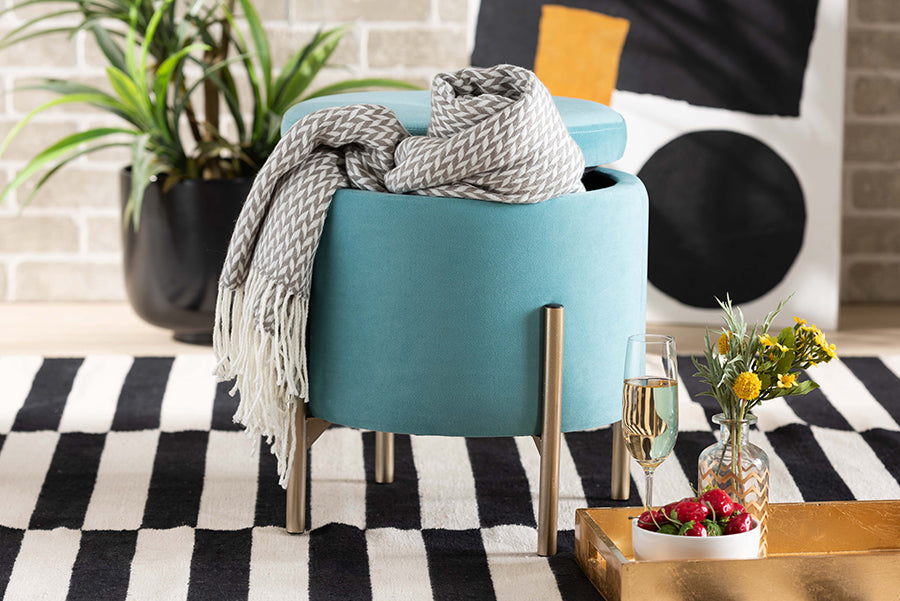 Baxton Studio Malina Contemporary Glam and Luxe Sky Blue Velvet Fabric Upholstered and Gold Finished Metal Storage Ottoman