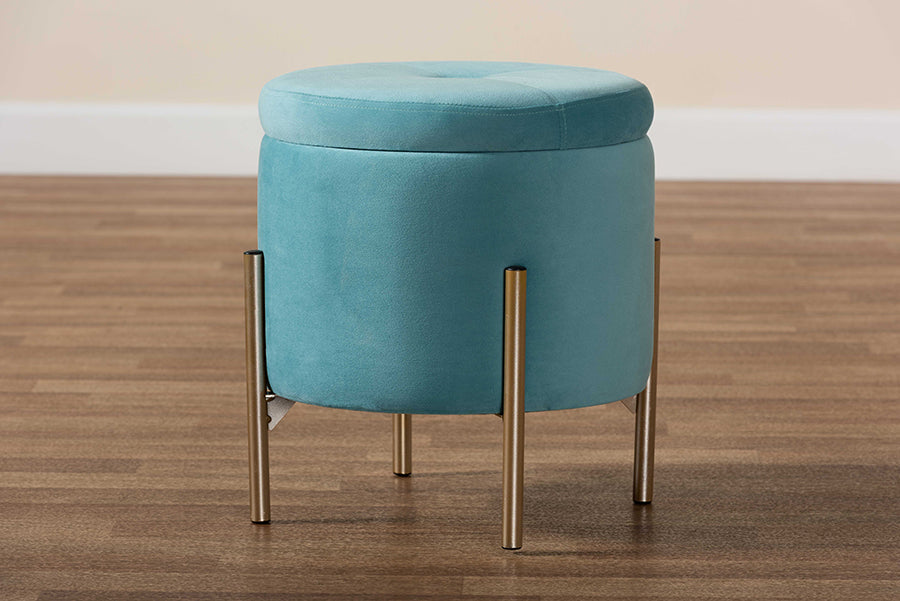 Baxton Studio Malina Contemporary Glam and Luxe Sky Blue Velvet Fabric Upholstered and Gold Finished Metal Storage Ottoman