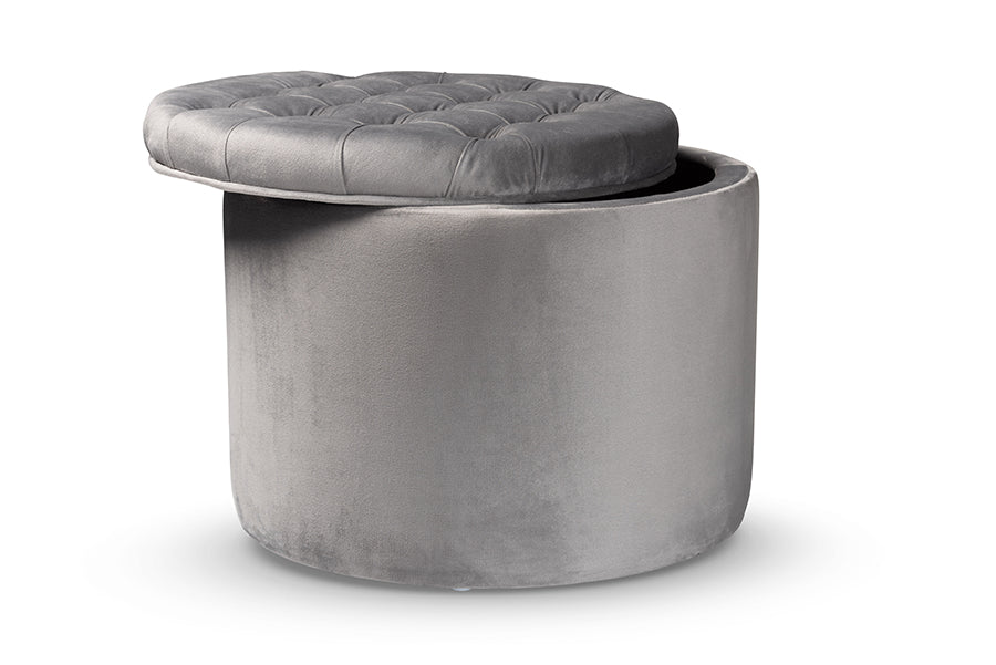 Baxton Studio Livana Contemporary Glam and Luxe Grey Velvet Fabric Upholstered Storage Ottoman