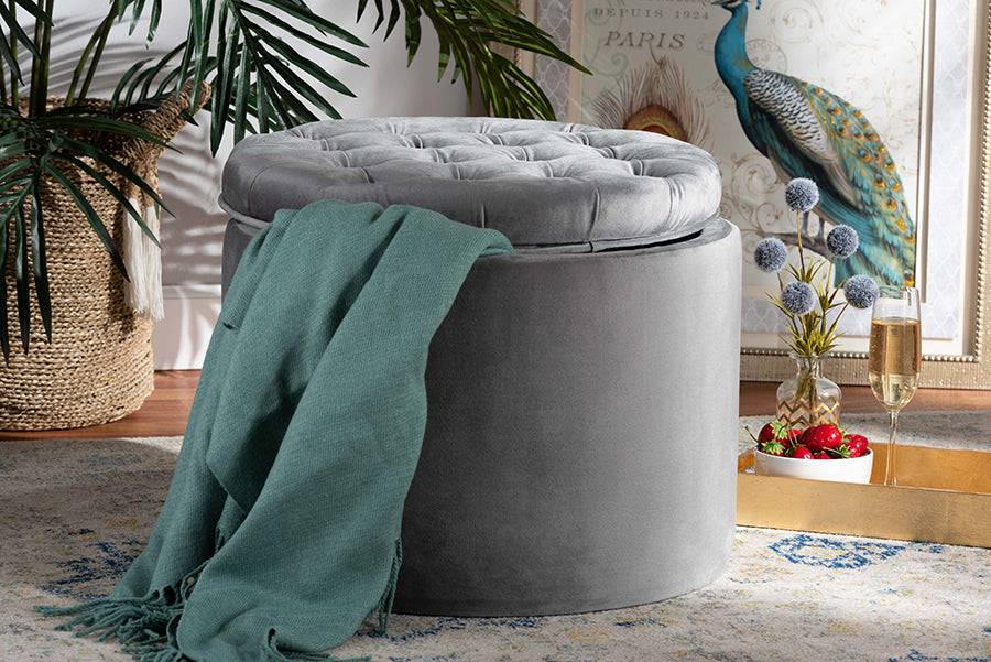 Baxton Studio Livana Contemporary Glam and Luxe Grey Velvet Fabric Upholstered Storage Ottoman