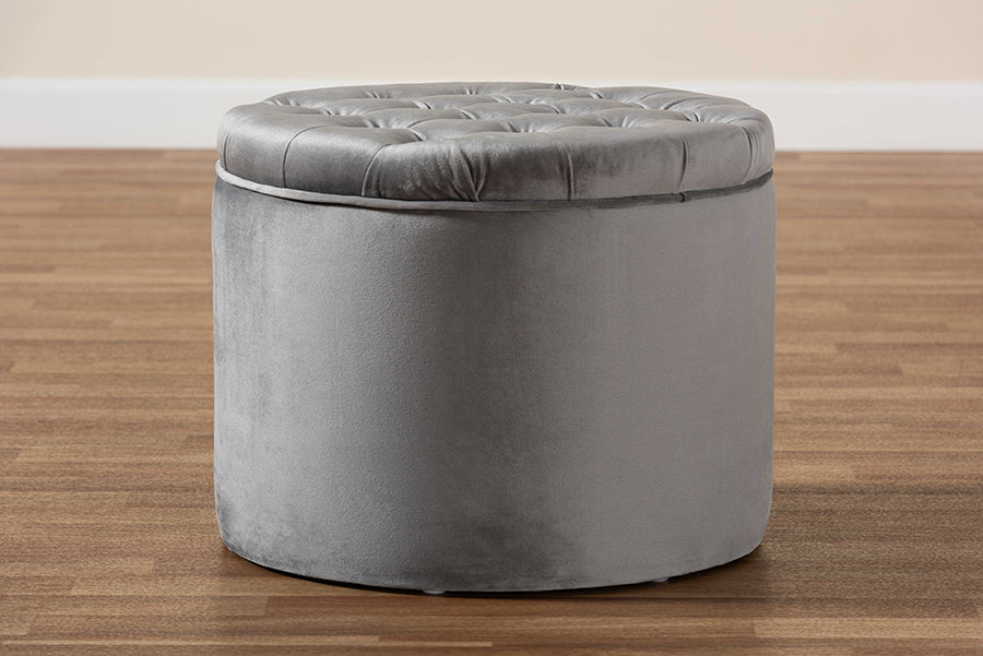 Baxton Studio Livana Contemporary Glam and Luxe Grey Velvet Fabric Upholstered Storage Ottoman