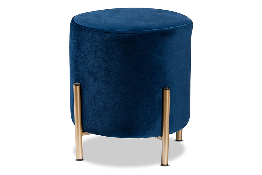 Baxton Studio Thurman Contemporary Glam and Luxe Navy Blue Velvet Fabric Upholstered and Gold Finished Metal Ottoman