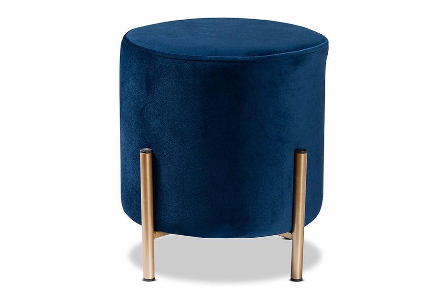 Baxton Studio Thurman Contemporary Glam and Luxe Navy Blue Velvet Fabric Upholstered and Gold Finished Metal Ottoman