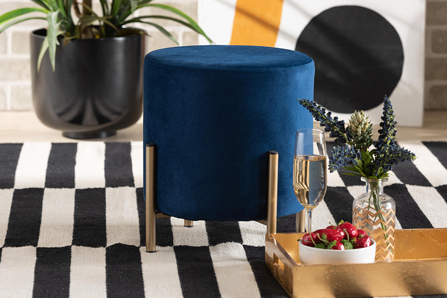 Baxton Studio Thurman Contemporary Glam and Luxe Navy Blue Velvet Fabric Upholstered and Gold Finished Metal Ottoman