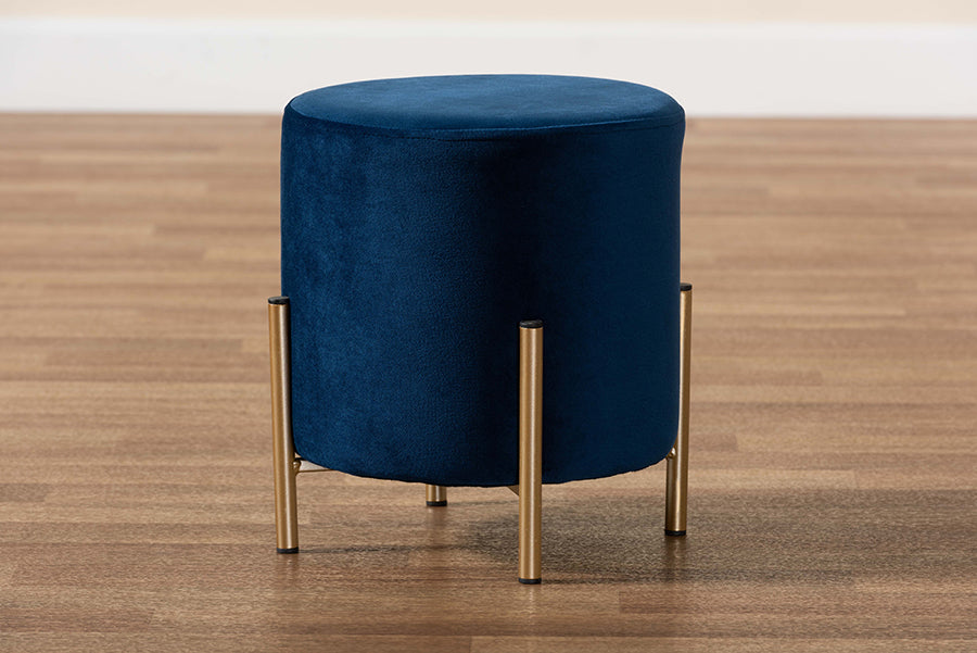 Baxton Studio Thurman Contemporary Glam and Luxe Navy Blue Velvet Fabric Upholstered and Gold Finished Metal Ottoman