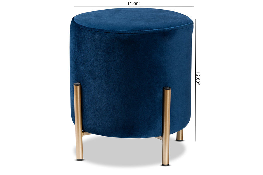 Baxton Studio Thurman Contemporary Glam and Luxe Navy Blue Velvet Fabric Upholstered and Gold Finished Metal Ottoman
