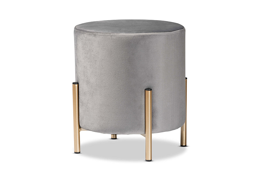 Baxton Studio Thurman Contemporary Glam and Luxe Grey Velvet Fabric Upholstered and Gold Finished Metal Ottoman