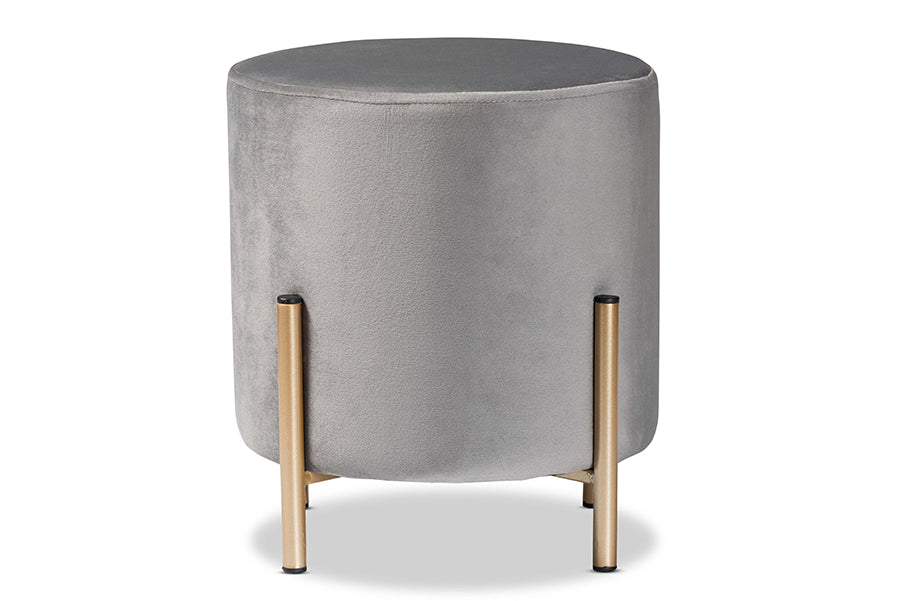 Baxton Studio Thurman Contemporary Glam and Luxe Grey Velvet Fabric Upholstered and Gold Finished Metal Ottoman