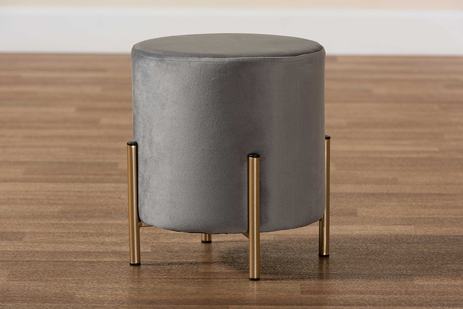 Baxton Studio Thurman Contemporary Glam and Luxe Grey Velvet Fabric Upholstered and Gold Finished Metal Ottoman