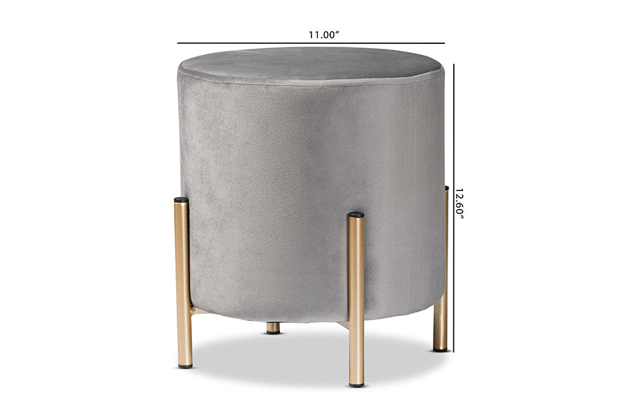 Baxton Studio Thurman Contemporary Glam and Luxe Grey Velvet Fabric Upholstered and Gold Finished Metal Ottoman