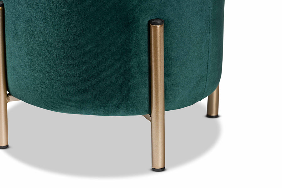 Baxton Studio Thurman Contemporary Glam and Luxe Green Velvet Fabric Upholstered and Gold Finished Metal Ottoman