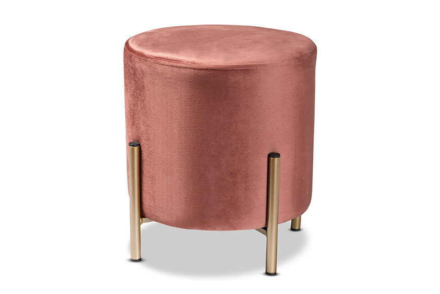 Baxton Studio Thurman Contemporary Glam and Luxe Pink Velvet Fabric Upholstered and Gold Finished Metal Ottoman