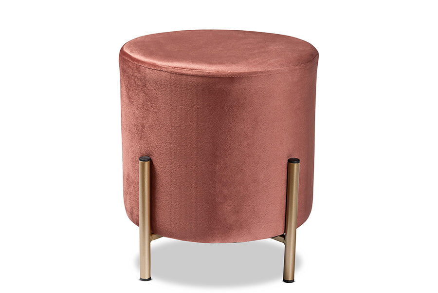 Baxton Studio Thurman Contemporary Glam and Luxe Pink Velvet Fabric Upholstered and Gold Finished Metal Ottoman