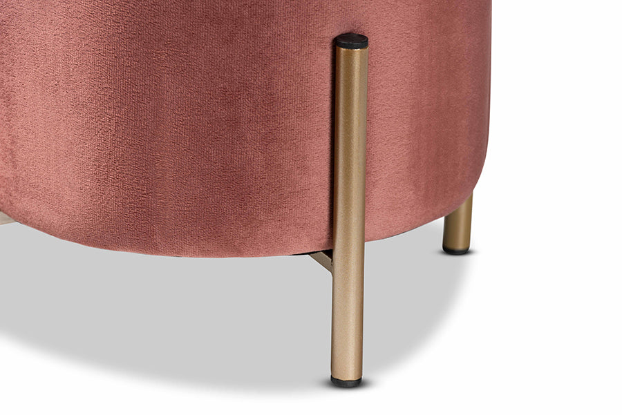 Baxton Studio Thurman Contemporary Glam and Luxe Pink Velvet Fabric Upholstered and Gold Finished Metal Ottoman