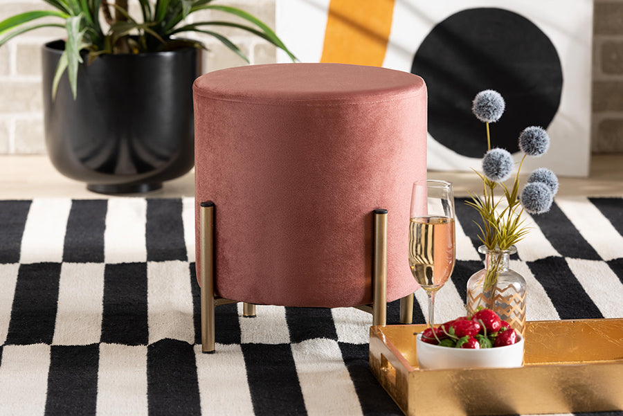 Baxton Studio Thurman Contemporary Glam and Luxe Pink Velvet Fabric Upholstered and Gold Finished Metal Ottoman