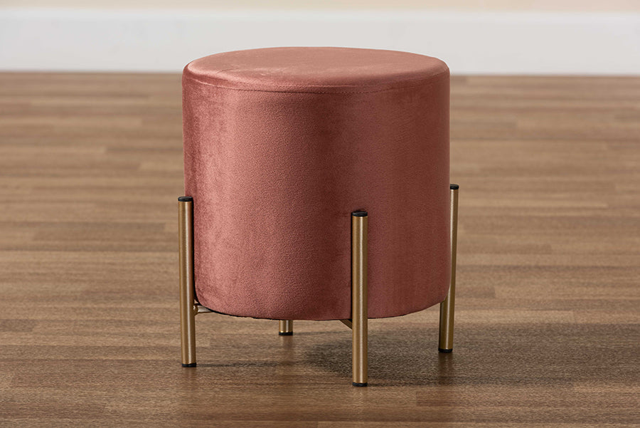 Baxton Studio Thurman Contemporary Glam and Luxe Pink Velvet Fabric Upholstered and Gold Finished Metal Ottoman