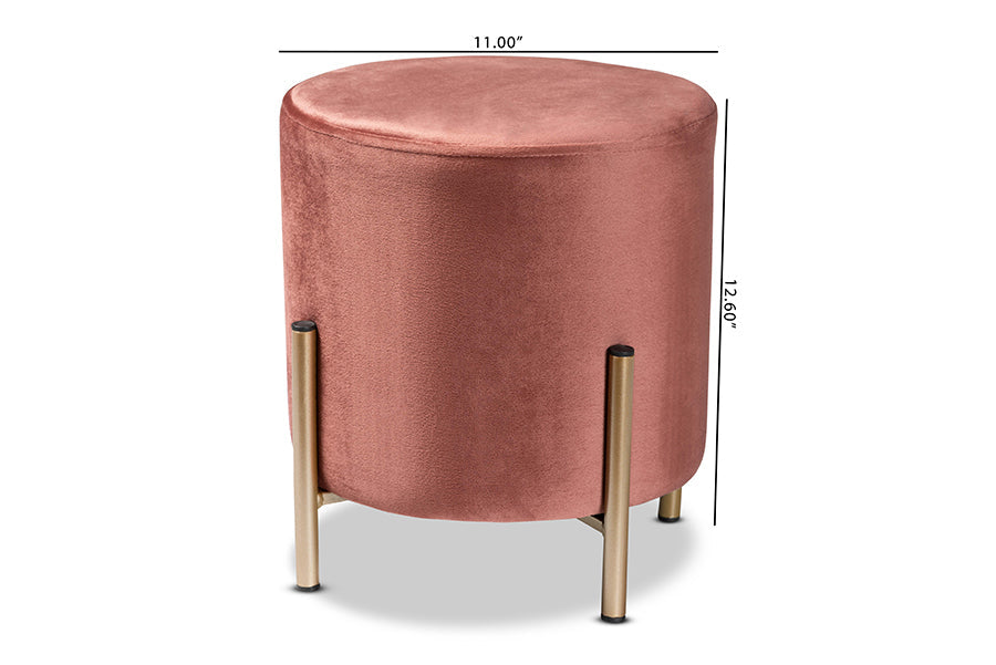 Baxton Studio Thurman Contemporary Glam and Luxe Pink Velvet Fabric Upholstered and Gold Finished Metal Ottoman