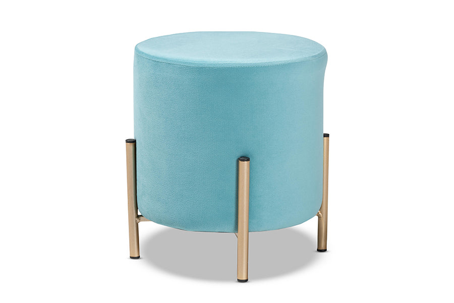 Baxton Studio Thurman Contemporary Glam and Luxe Sky Blue Velvet Fabric Upholstered and Gold Finished Metal Ottoman