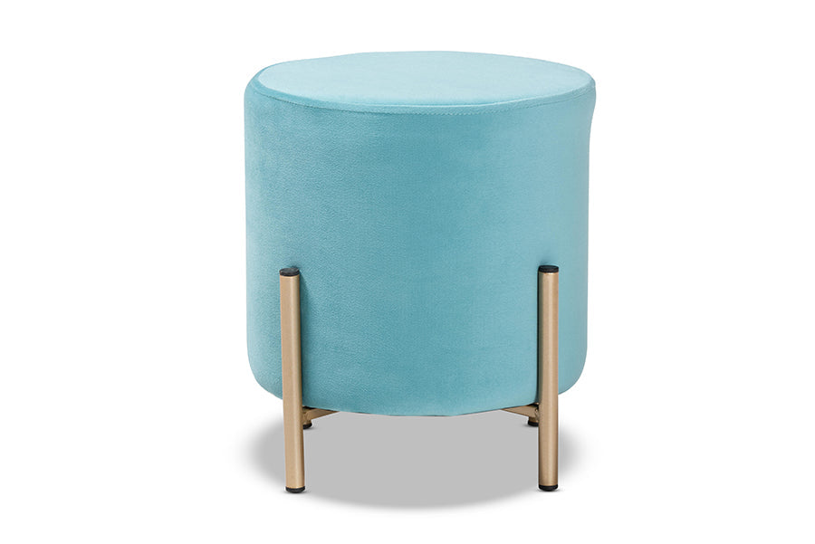 Baxton Studio Thurman Contemporary Glam and Luxe Sky Blue Velvet Fabric Upholstered and Gold Finished Metal Ottoman