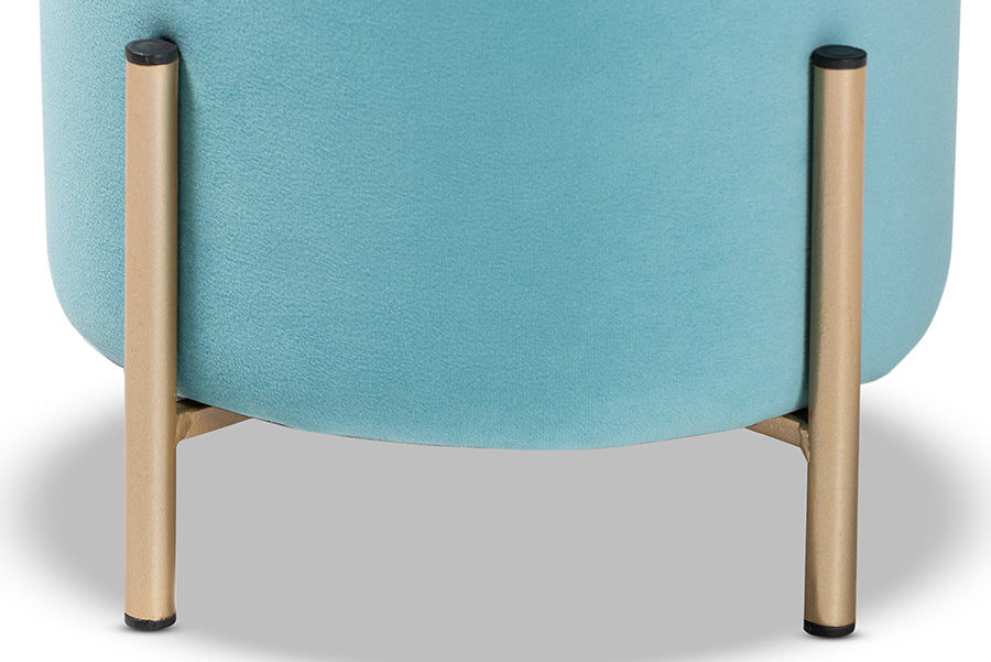 Baxton Studio Thurman Contemporary Glam and Luxe Sky Blue Velvet Fabric Upholstered and Gold Finished Metal Ottoman