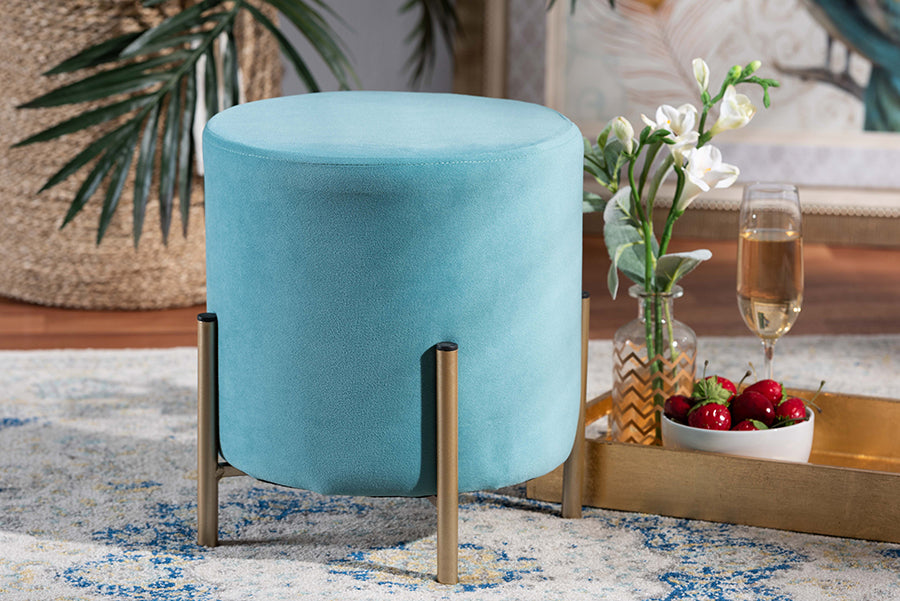 Baxton Studio Thurman Contemporary Glam and Luxe Sky Blue Velvet Fabric Upholstered and Gold Finished Metal Ottoman