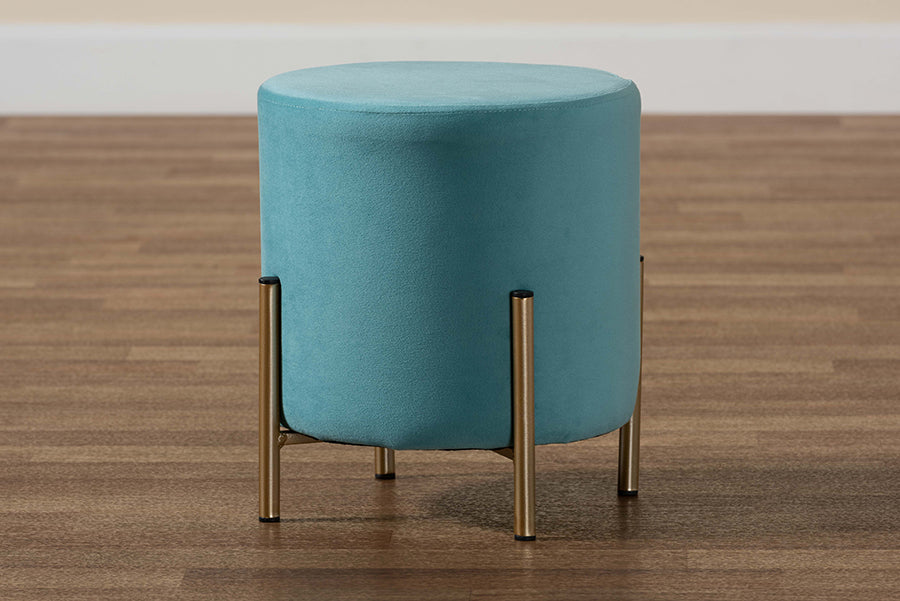 Baxton Studio Thurman Contemporary Glam and Luxe Sky Blue Velvet Fabric Upholstered and Gold Finished Metal Ottoman