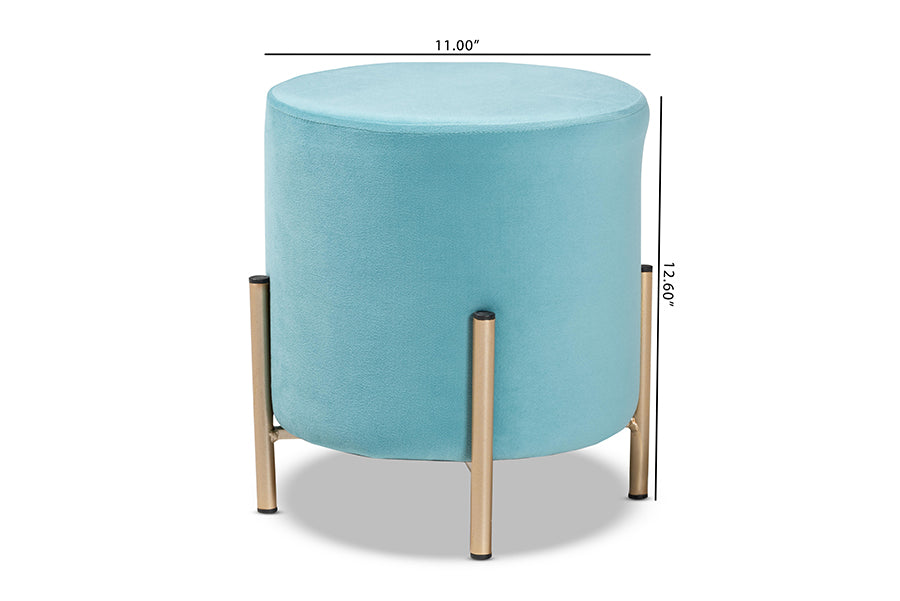 Baxton Studio Thurman Contemporary Glam and Luxe Sky Blue Velvet Fabric Upholstered and Gold Finished Metal Ottoman