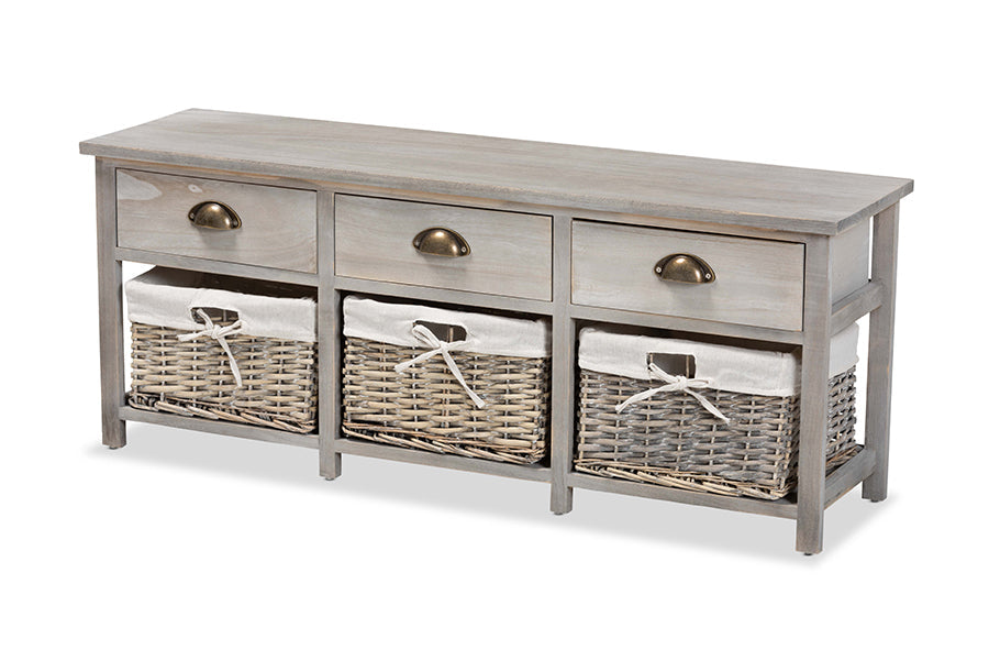 Baxton Studio Mabyn Modern and Contemporary Light Grey Finished Wood 3-Drawer Storage Bench with Baskets