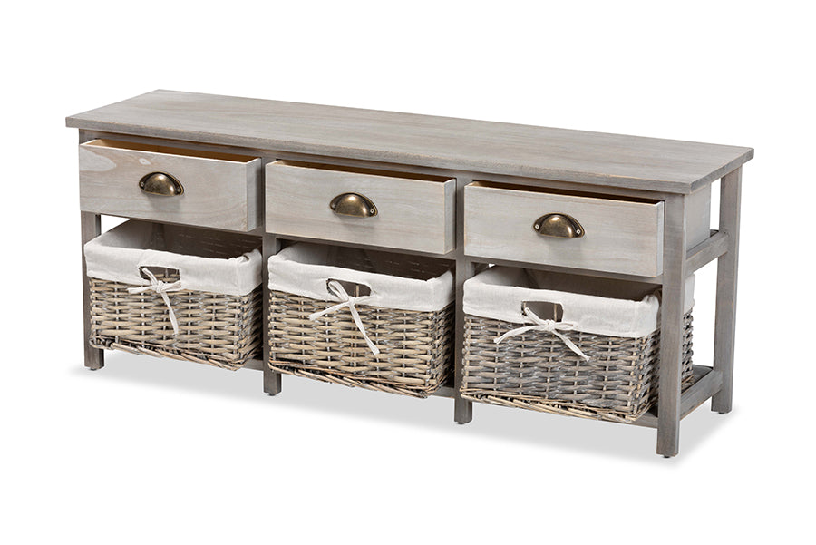 Baxton Studio Mabyn Modern and Contemporary Light Grey Finished Wood 3-Drawer Storage Bench with Baskets