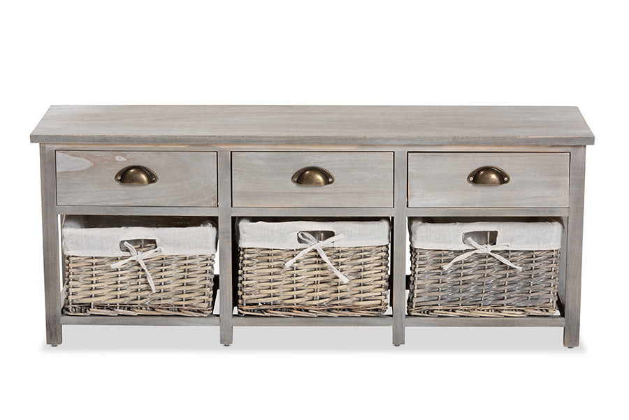 Baxton Studio Mabyn Modern and Contemporary Light Grey Finished Wood 3-Drawer Storage Bench with Baskets