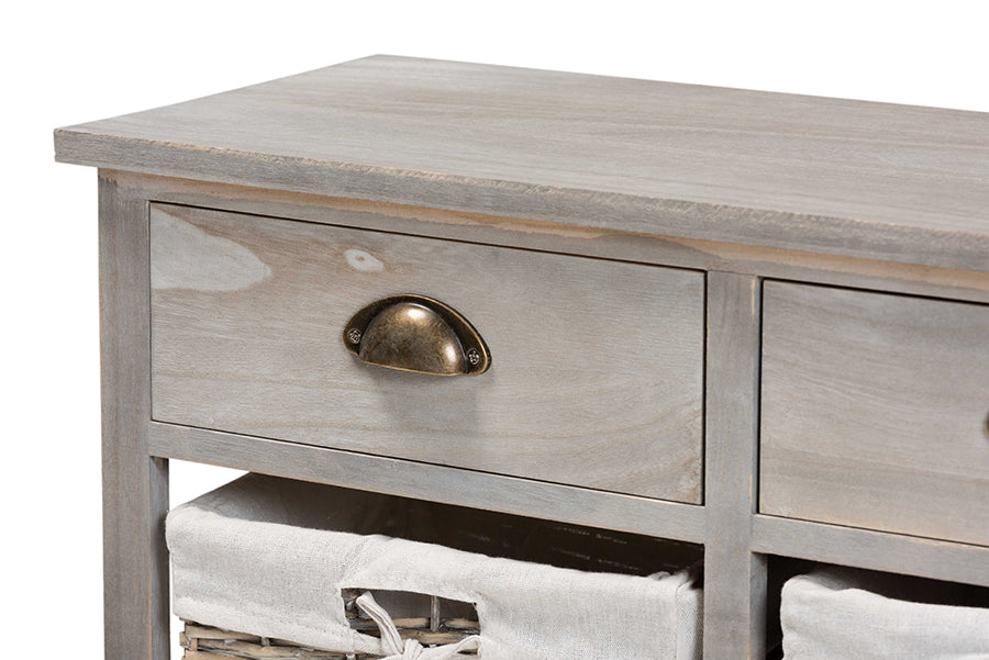 Baxton Studio Mabyn Modern and Contemporary Light Grey Finished Wood 3-Drawer Storage Bench with Baskets