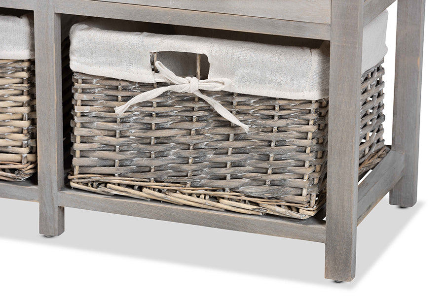 Baxton Studio Mabyn Modern and Contemporary Light Grey Finished Wood 3-Drawer Storage Bench with Baskets