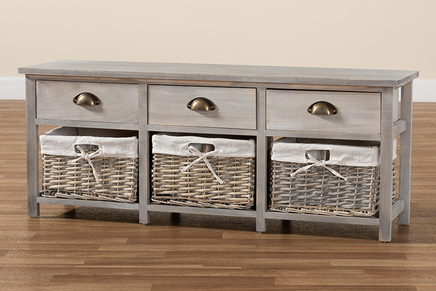 Baxton Studio Mabyn Modern and Contemporary Light Grey Finished Wood 3-Drawer Storage Bench with Baskets