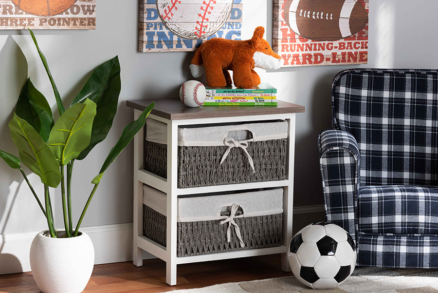 Baxton Studio Terena Modern Transitional Two-Tone Walnut Brown and White Finished Wood 2-Basket Storage Unit