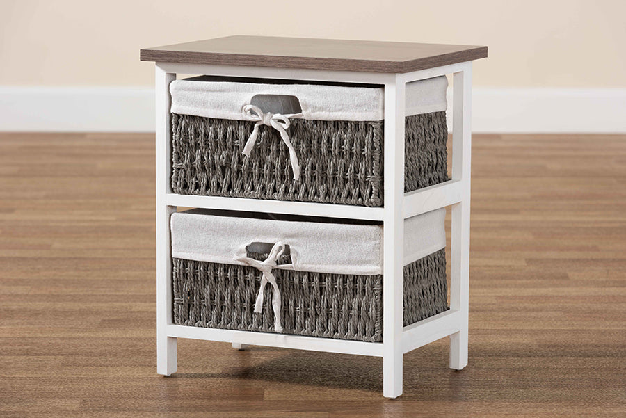 Baxton Studio Terena Modern Transitional Two-Tone Walnut Brown and White Finished Wood 2-Basket Storage Unit