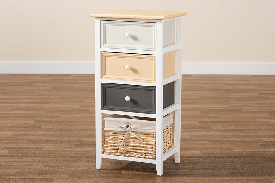 Baxton Studio Adonis Mid-Century Modern Transitional Multi-Colored Wood 3-Drawer Storage Unit with Basket