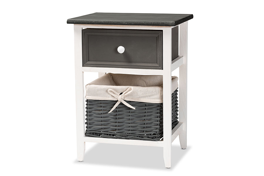 Baxton Studio Shadell Modern Transitional Two-Tone Dark Grey and White Finished Wood 1-Drawer Storage Unit with Basket