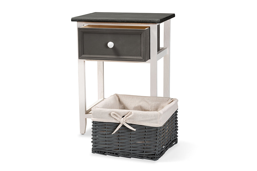 Baxton Studio Shadell Modern Transitional Two-Tone Dark Grey and White Finished Wood 1-Drawer Storage Unit with Basket