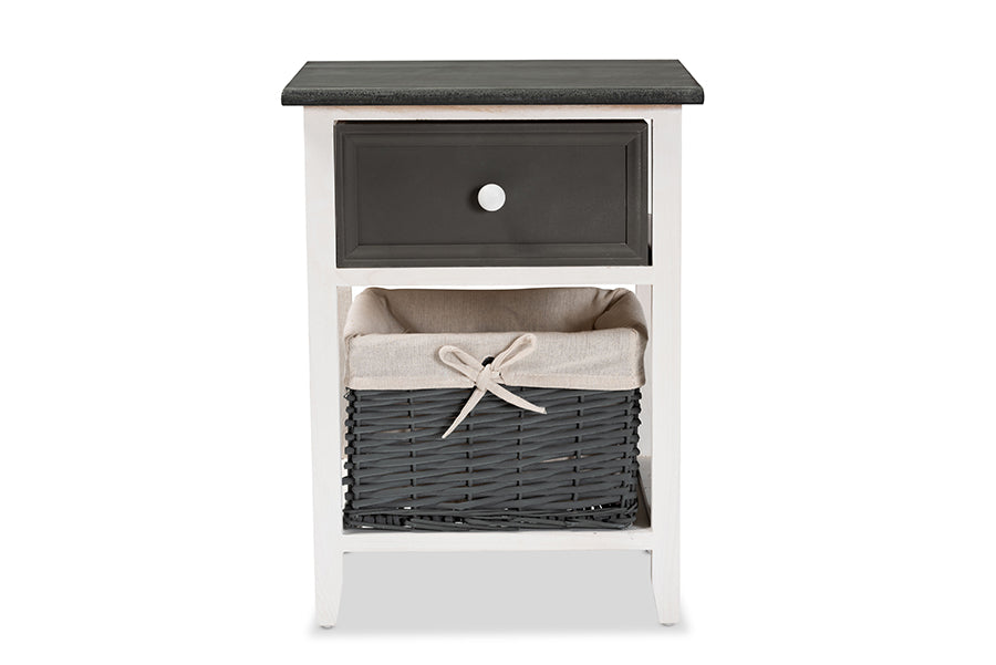 Baxton Studio Shadell Modern Transitional Two-Tone Dark Grey and White Finished Wood 1-Drawer Storage Unit with Basket
