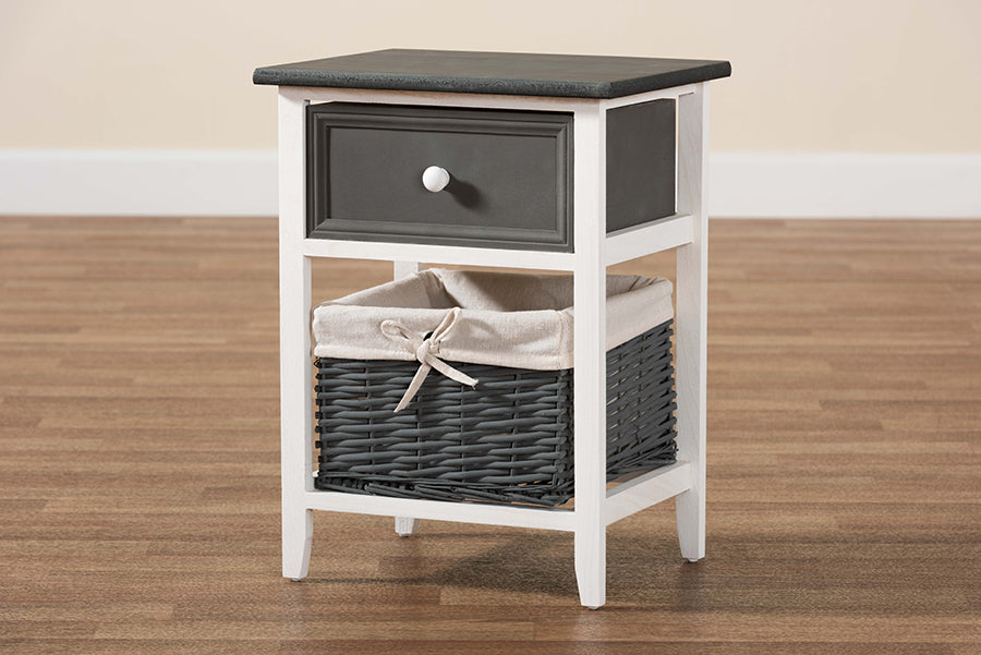 Baxton Studio Shadell Modern Transitional Two-Tone Dark Grey and White Finished Wood 1-Drawer Storage Unit with Basket
