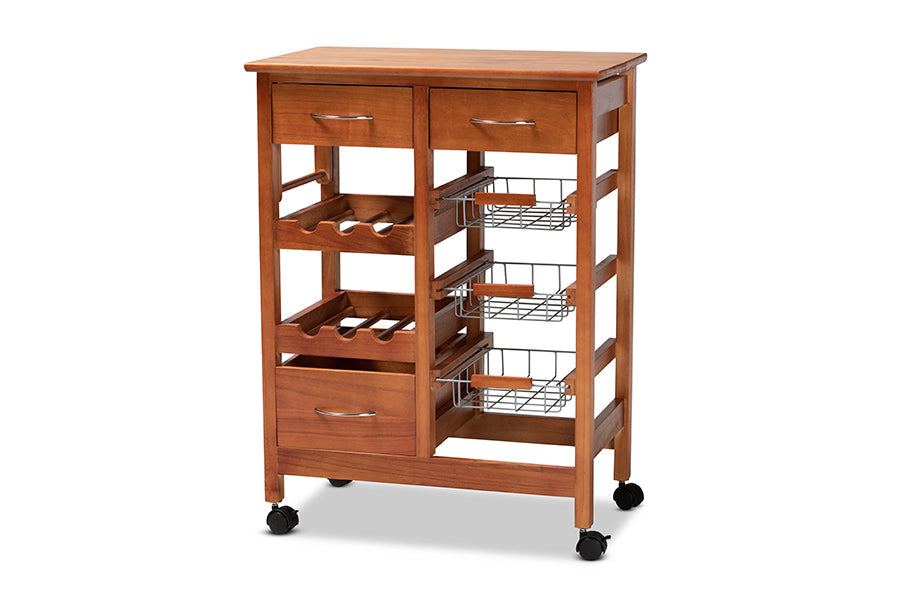 Baxton Studio Crayton Modern and Contemporary Oak Brown Finished Wood and Silver-Tone Metal Mobile Kitchen Storage Cart
