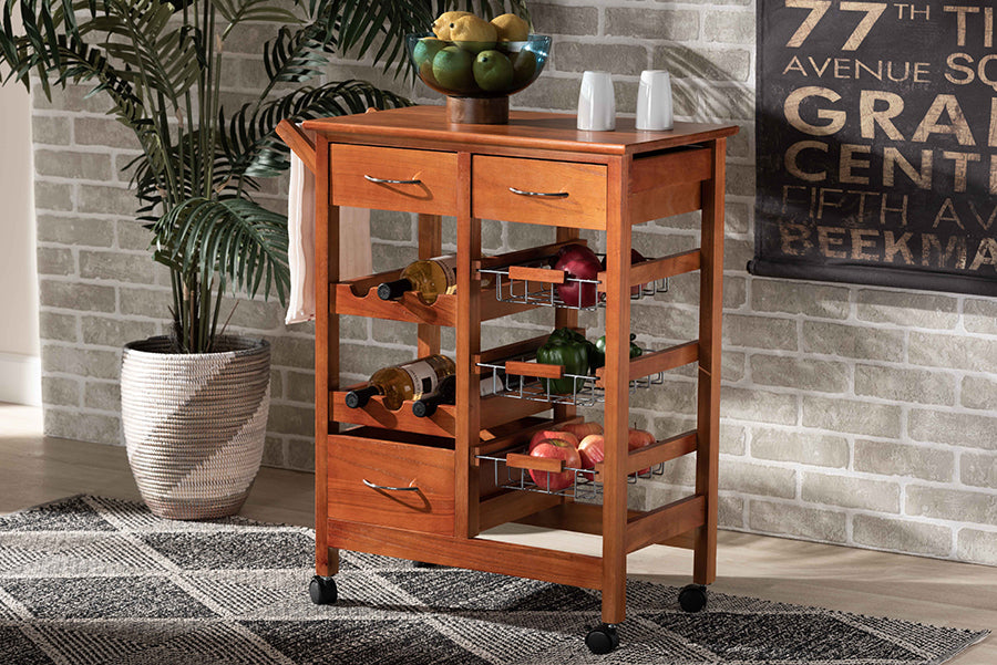 Baxton Studio Crayton Modern and Contemporary Oak Brown Finished Wood and Silver-Tone Metal Mobile Kitchen Storage Cart