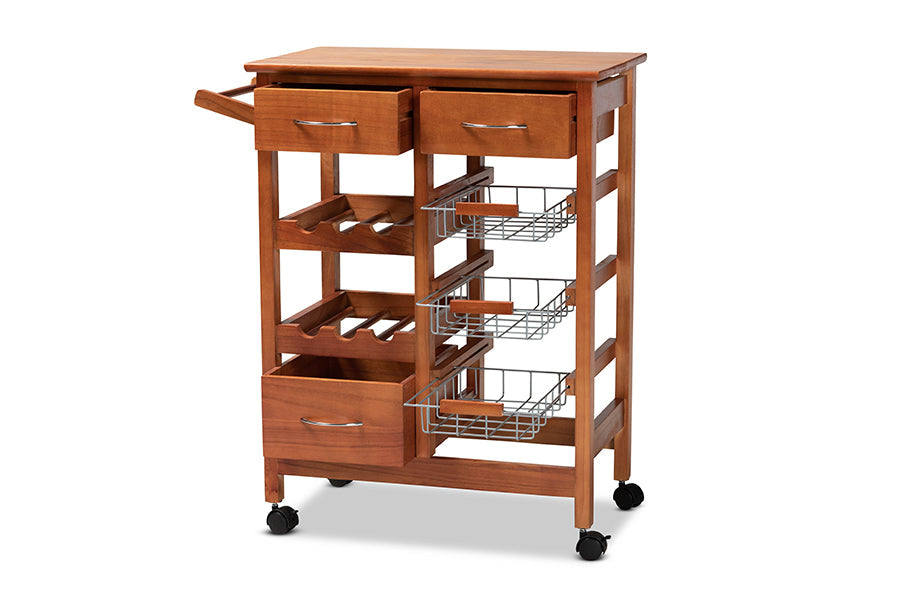 Baxton Studio Crayton Modern and Contemporary Oak Brown Finished Wood and Silver-Tone Metal Mobile Kitchen Storage Cart