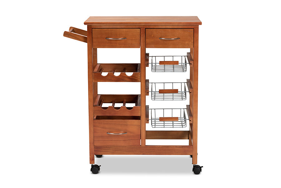 Baxton Studio Crayton Modern and Contemporary Oak Brown Finished Wood and Silver-Tone Metal Mobile Kitchen Storage Cart