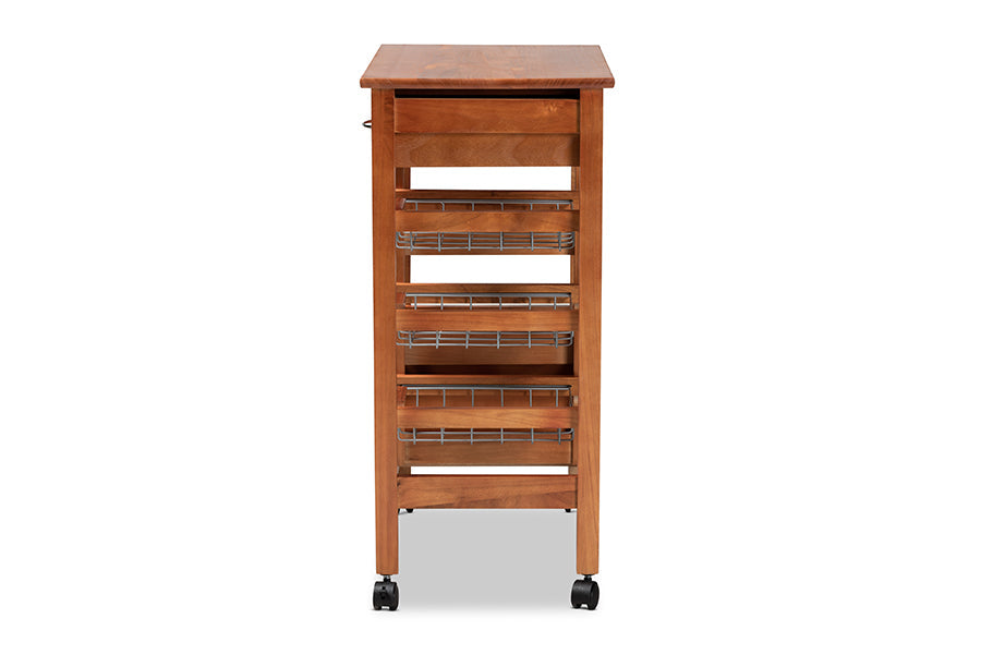 Baxton Studio Crayton Modern and Contemporary Oak Brown Finished Wood and Silver-Tone Metal Mobile Kitchen Storage Cart
