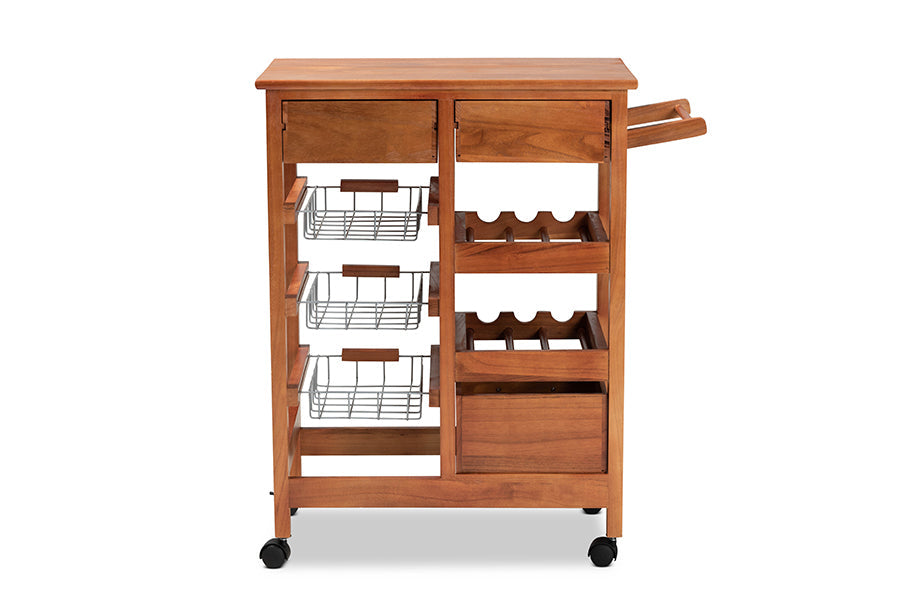 Baxton Studio Crayton Modern and Contemporary Oak Brown Finished Wood and Silver-Tone Metal Mobile Kitchen Storage Cart