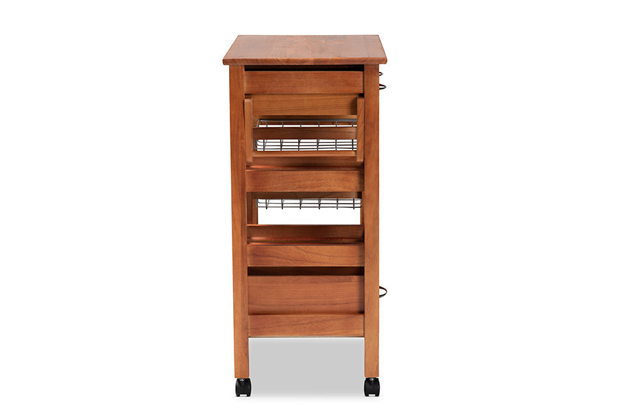 Baxton Studio Crayton Modern and Contemporary Oak Brown Finished Wood and Silver-Tone Metal Mobile Kitchen Storage Cart